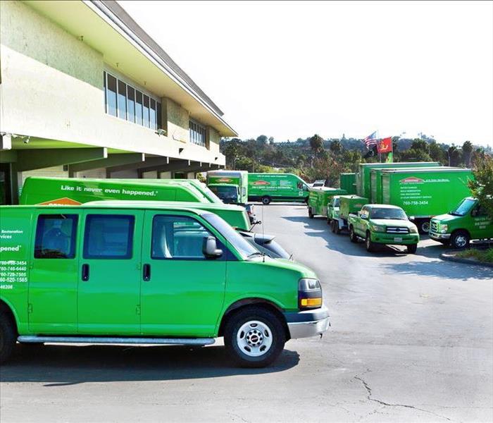 Truck lined up and ready to go to jobs. 